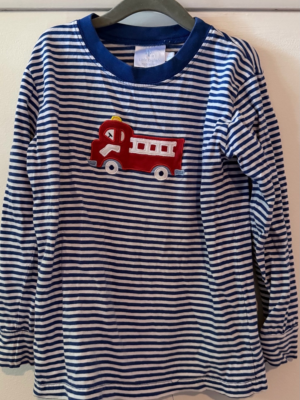 Little English Long-Sleeve Striped Shirt with Red Fire Truck Applique
